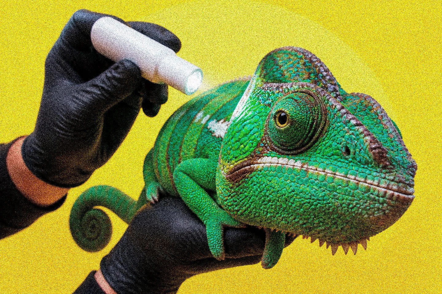 A vet checking a chameleon’s eye with a penlight, on a yellow background
